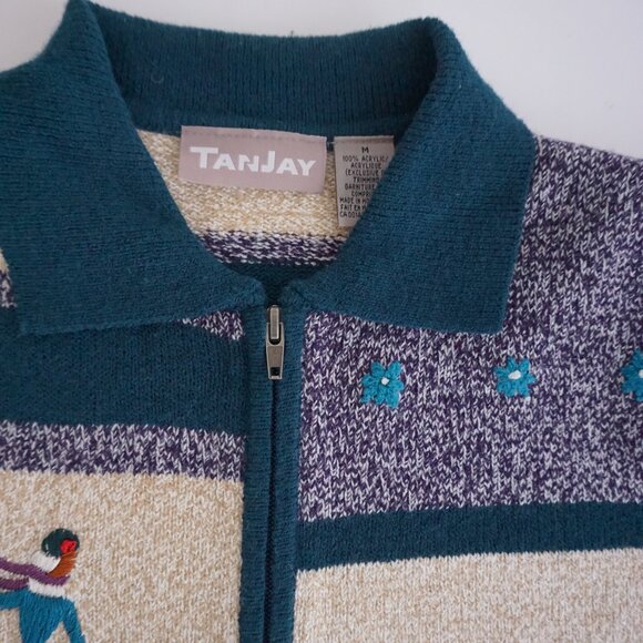 TanJay Teal Purple Patchwork Knit Cardigan Vintage Zip Sweater Grandmacore M - Picture 9 of 9